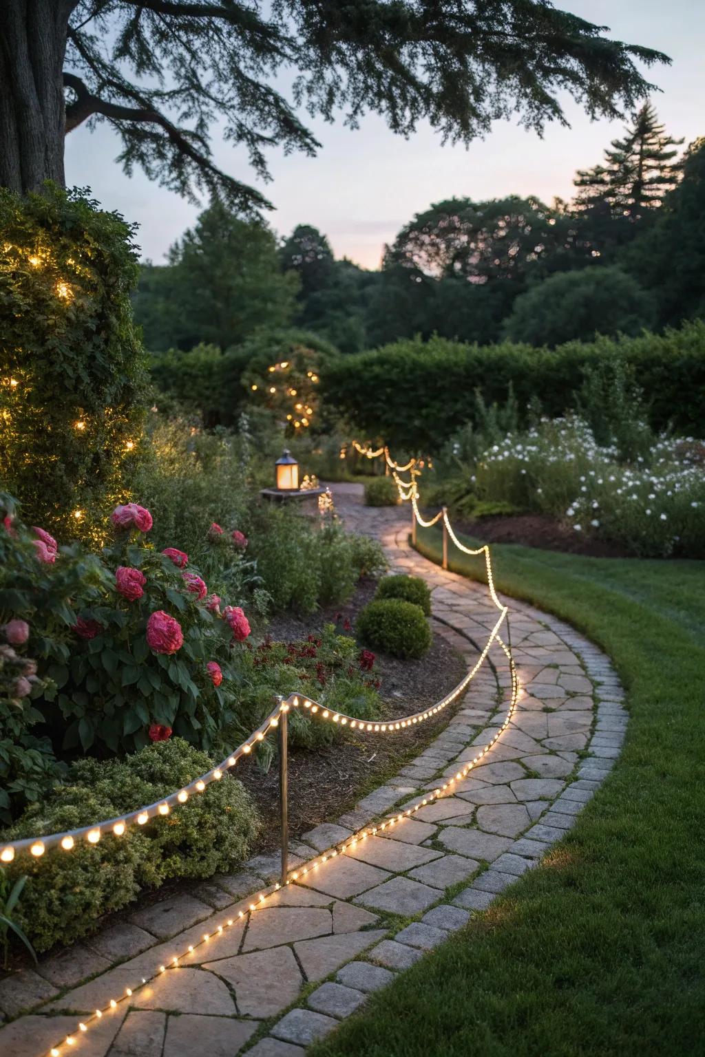 Solar rope lights define and illuminate garden paths.