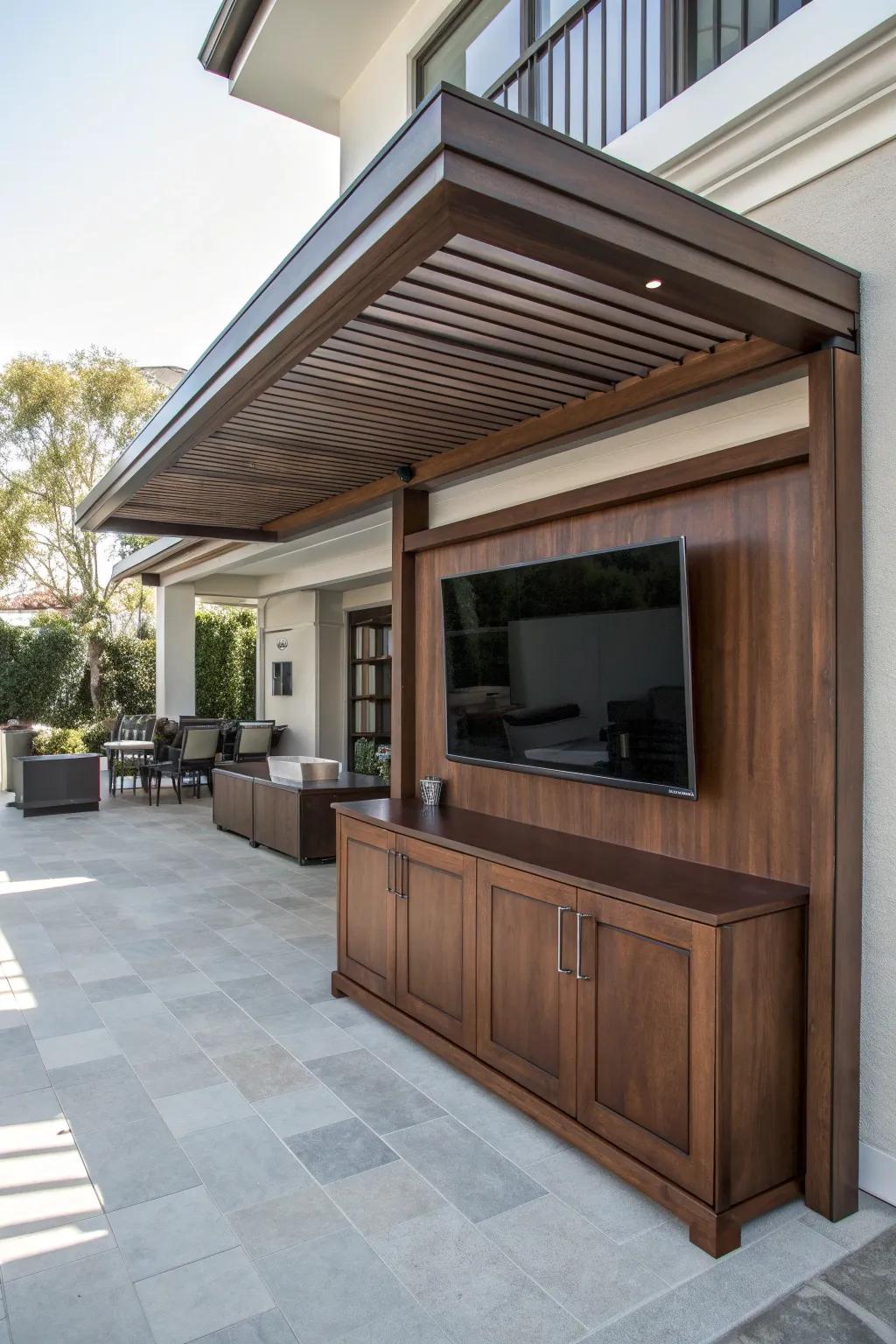 Elevate your outdoor entertainment with this sleek and protective awning-style TV cabinet.