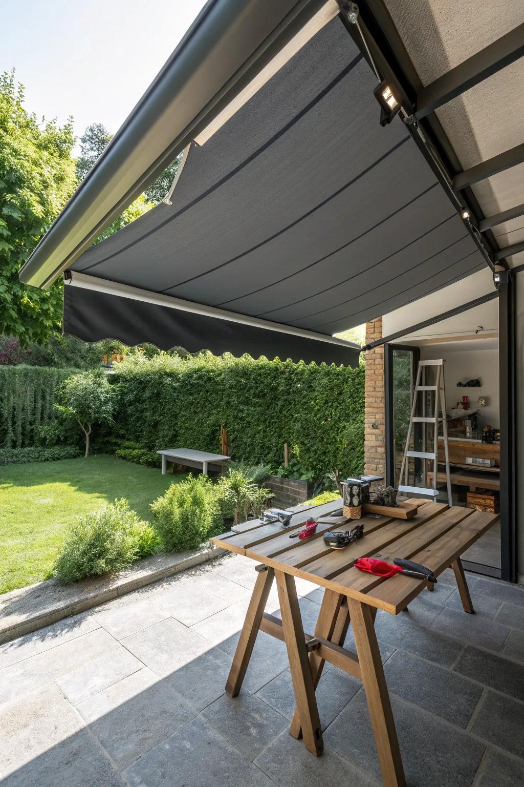 Stay cool and productive: elevate your outdoor workshop with a stylish retractable awning.
