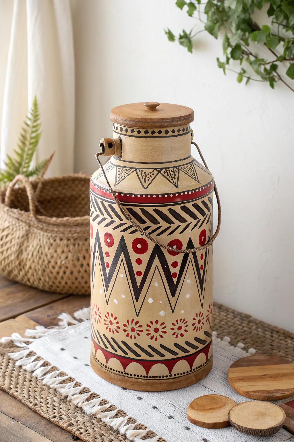 Elevate your space with a touch of tribal elegance—this hand-painted milk can is a masterpiece of minimalist Boho charm.