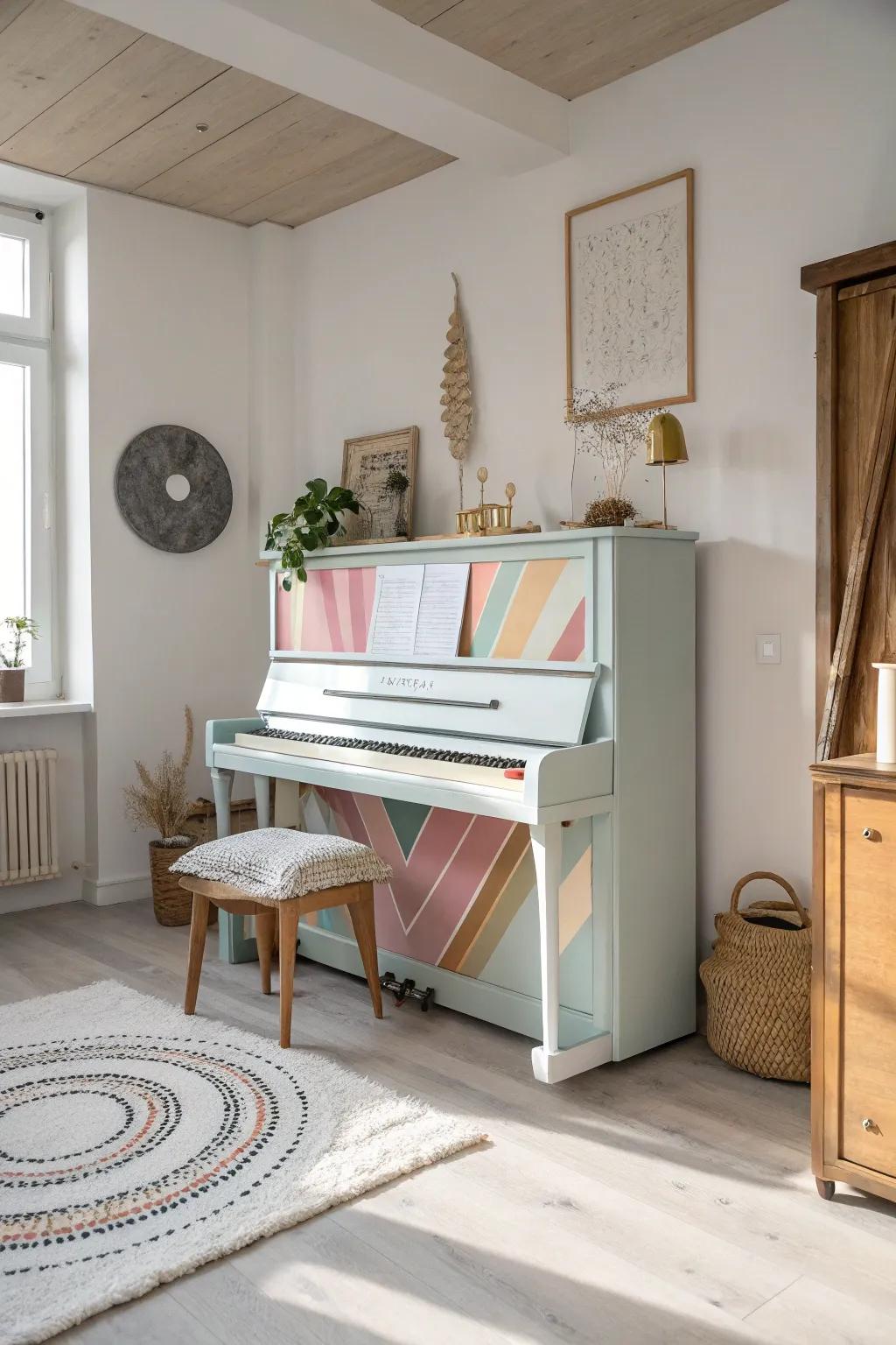 Embrace the art of color with a uniquely painted piano that transforms your space into a masterpiece.