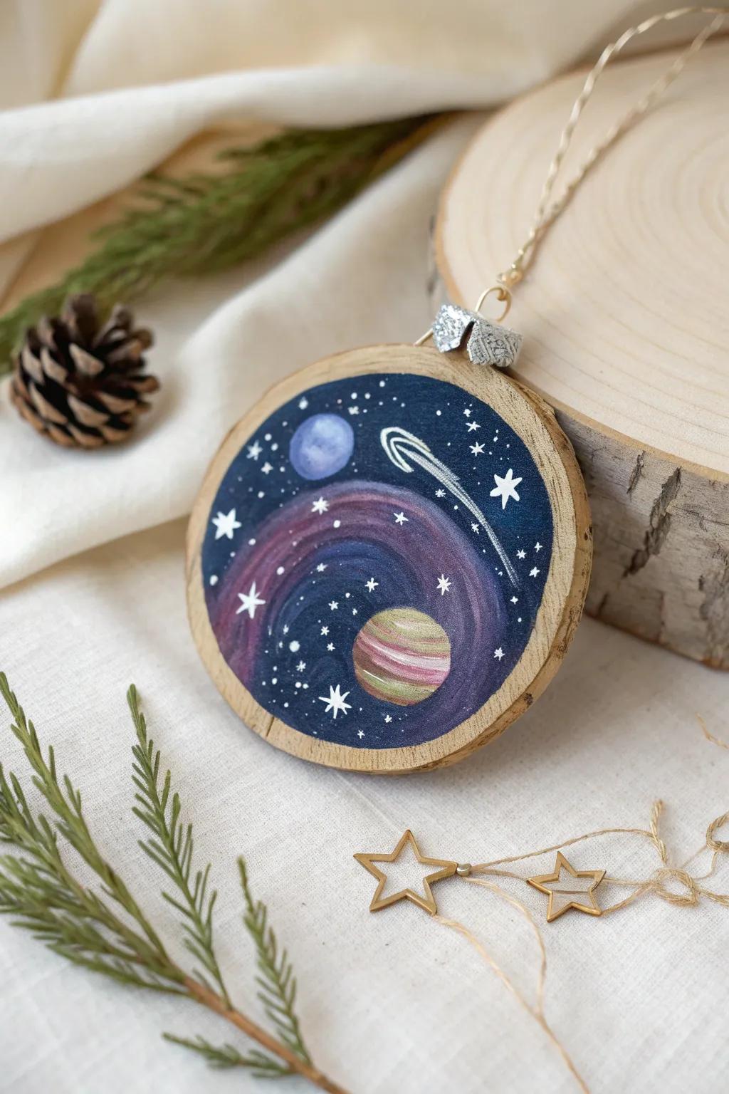 Bring the cosmos into your home with this stunning galaxy-painted wooden ornament, where simplicity meets the beauty of the stars.