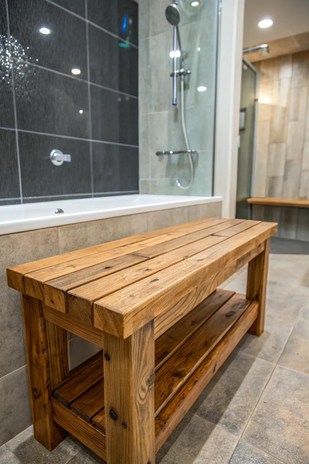 Transform your bathroom into a personal spa with this stylish pallet wood shower bench.