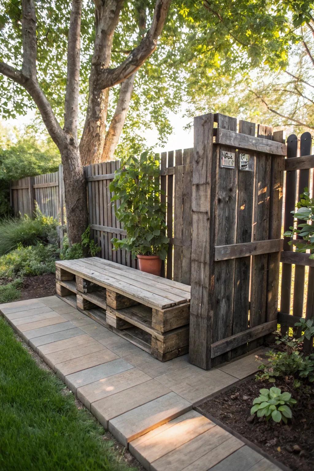 Transform your outdoor space with this rustic pallet fence featuring a cozy built-in bench—perfect for a peaceful reading nook.