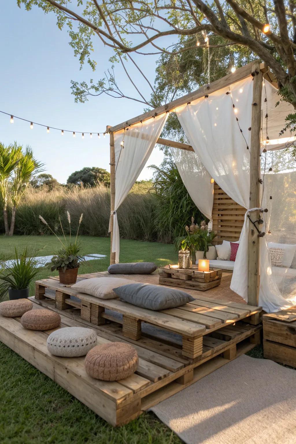 Transform your space into a zen retreat with this stylish pallet meditation fort.