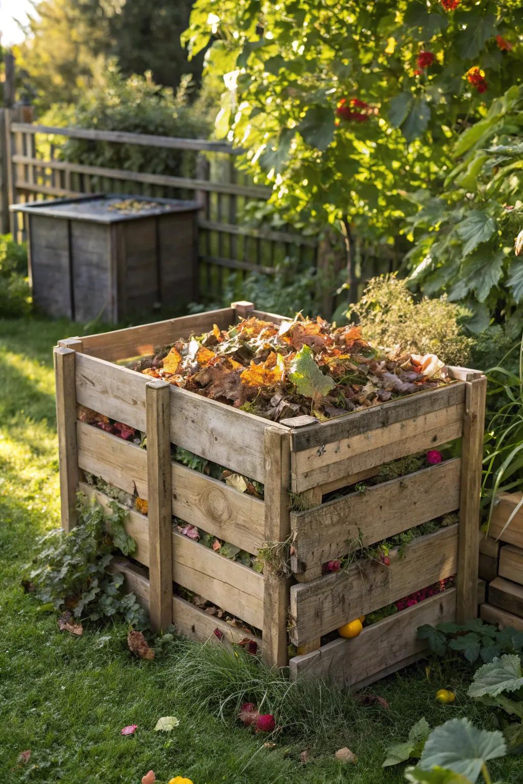 Transform your garden waste into rich soil with a stylish pallet compost bin.