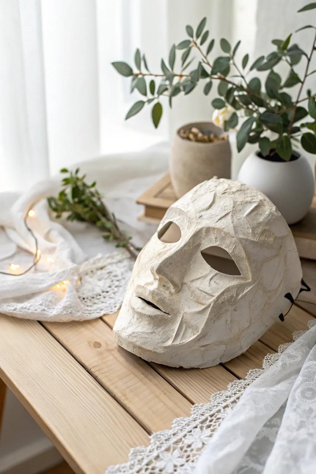 Discover the art of texture with this stunning minimalist paper mask, where simplicity meets natural beauty.