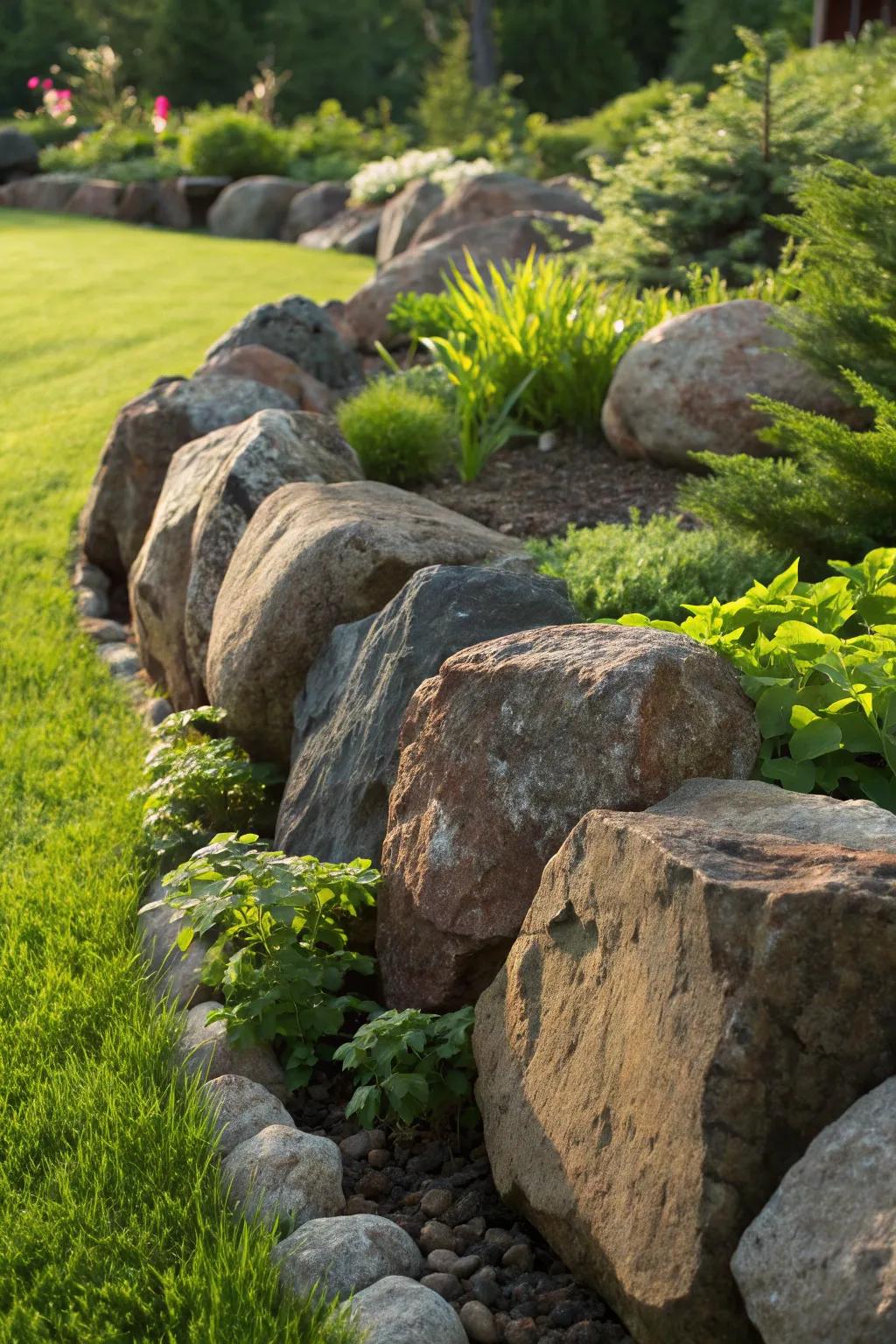 Enhance your garden with rugged rock borders for an earthy, masculine touch.
