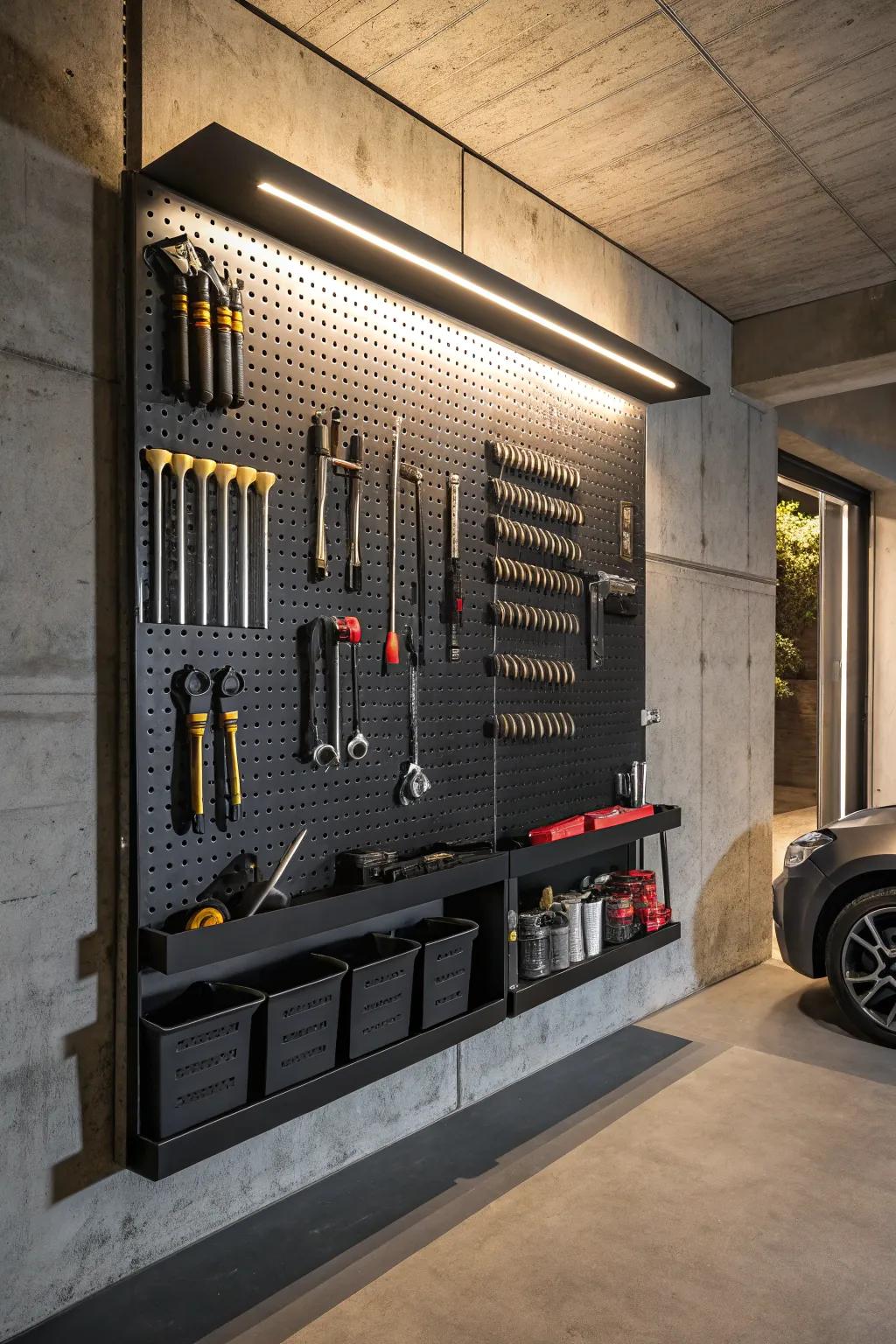 Elevate your garage game with a sleek floating tool wall. A perfect blend of style and functionality!