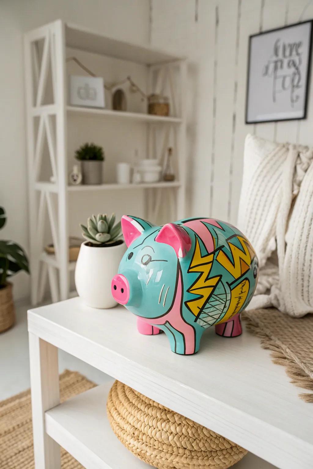 Add a splash of urban color to your minimalist decor with a graffiti art piggy bank!
