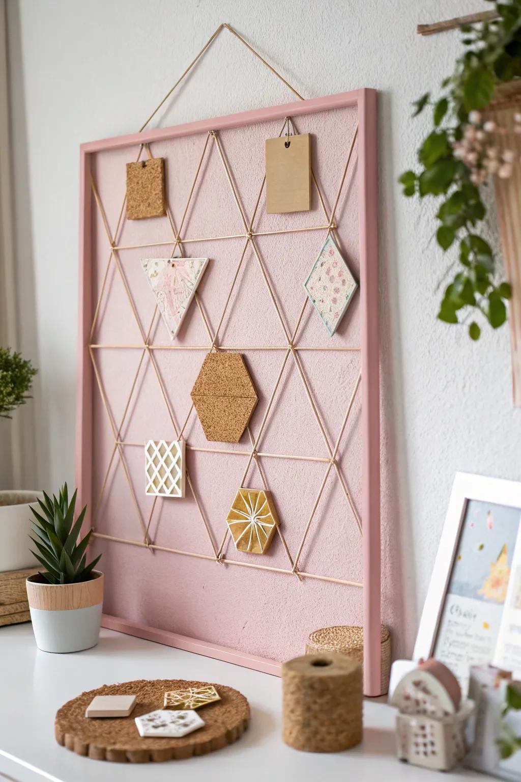 Elevate your space with a touch of geometric elegance on a pink bulletin board.
