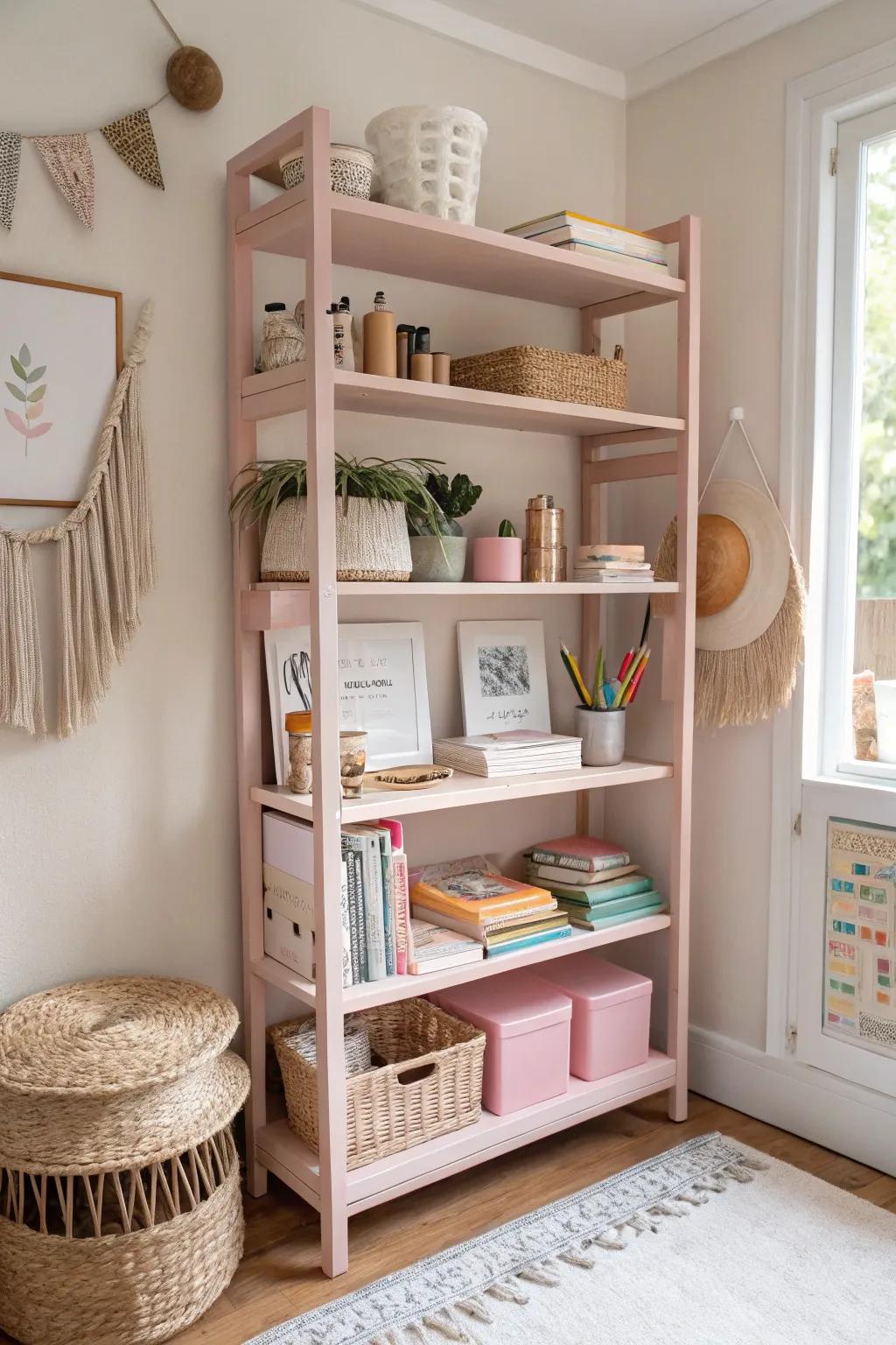 Elevate your creativity with these charming pink display shelves, perfect for showcasing your handcrafted creations.