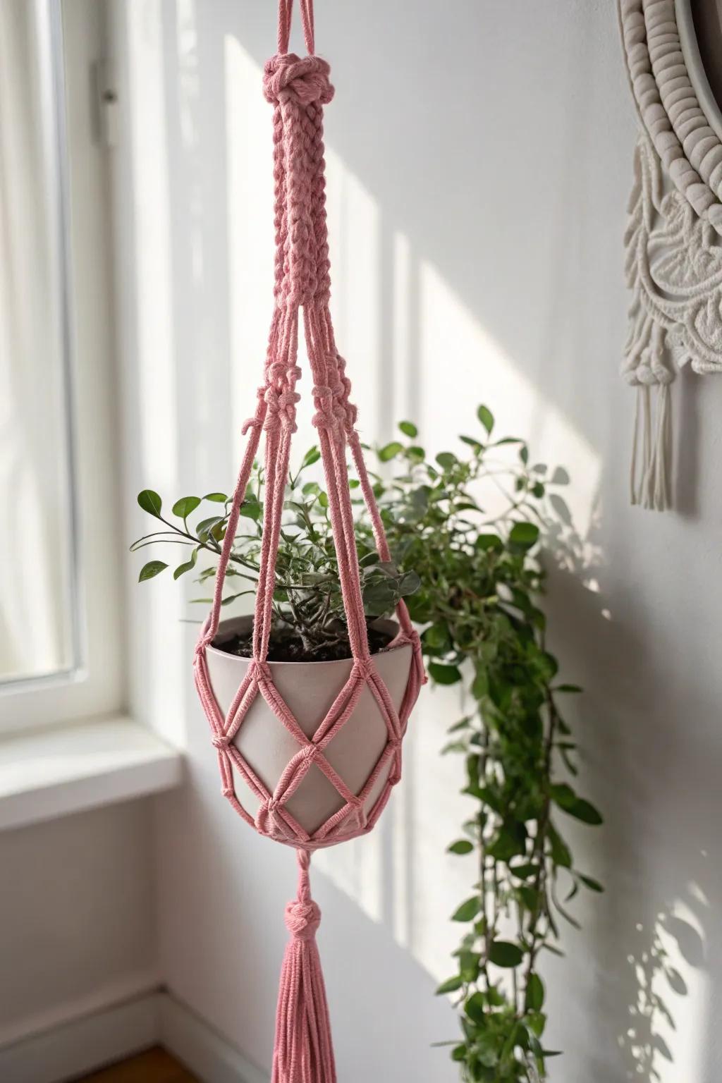 Add a pop of color and craftsmanship to your home with this chic pink macramé plant hanger.