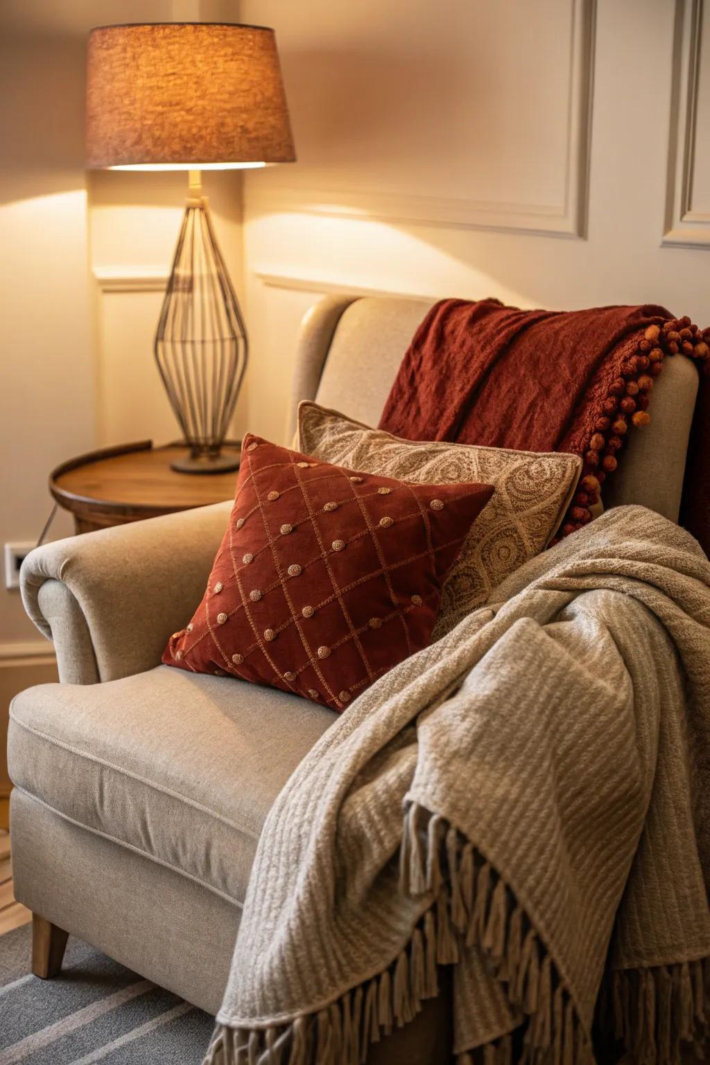 A plum reading nook offers a cozy retreat.