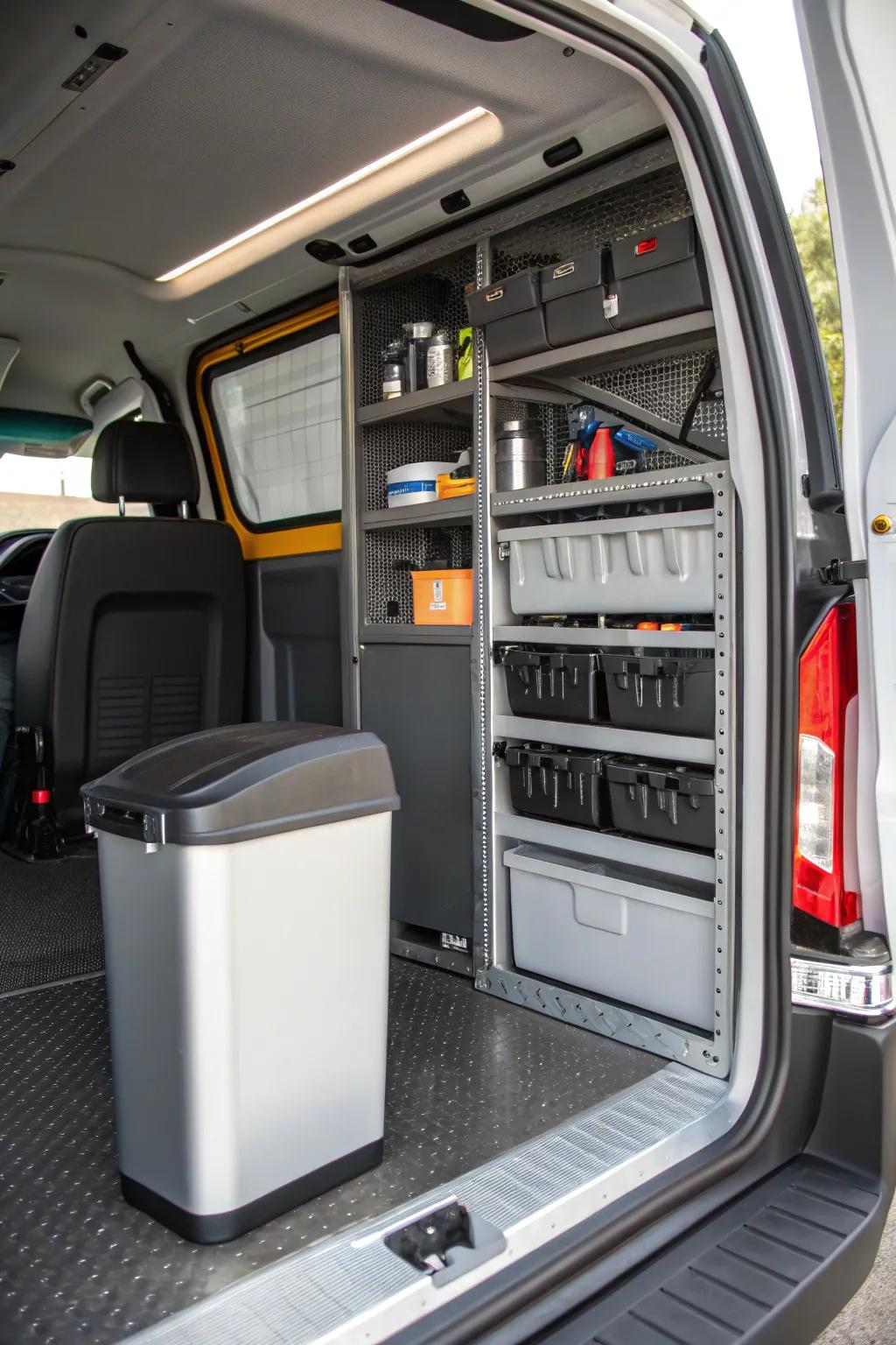 Elevate your plumbing van's efficiency with a stylish and functional trash can spot. Keep it clean, keep it organized!