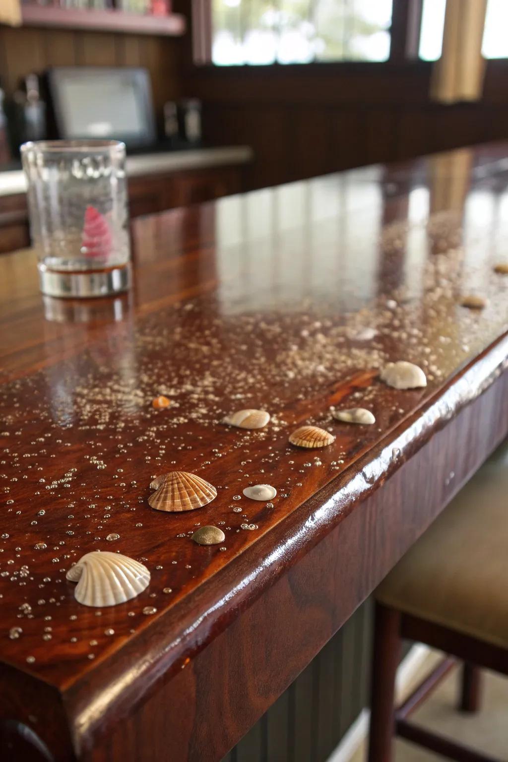 Transform your bar with a stunning resin-coated plywood top, blending elegance with artistic flair.