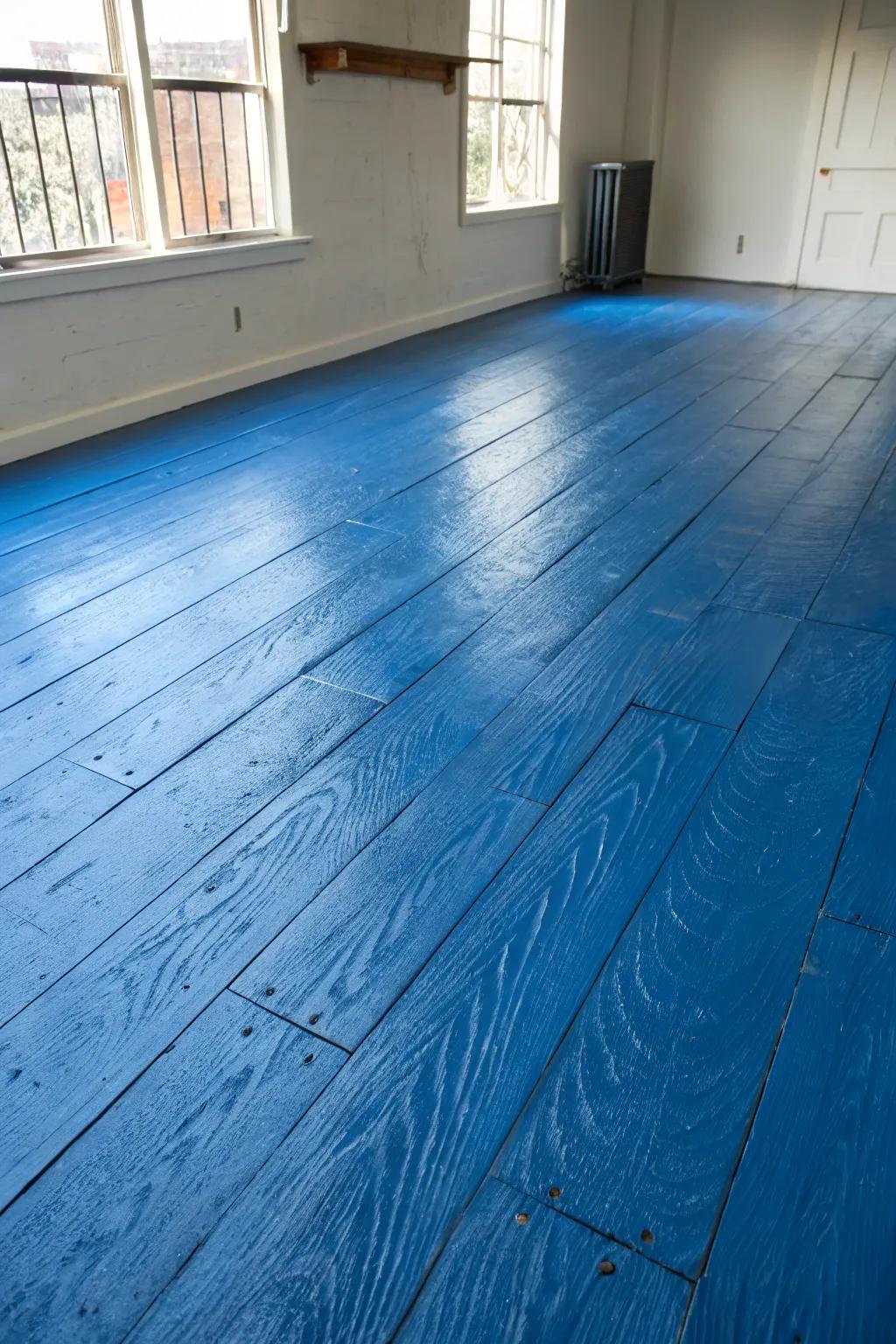 Transform your space with the bold impact of deep blue plywood flooring.