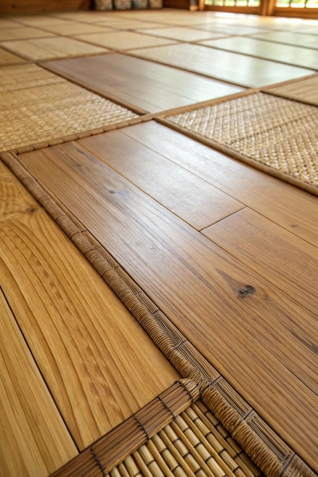 Elevate your shed's style with the natural elegance of bamboo mats over plywood.