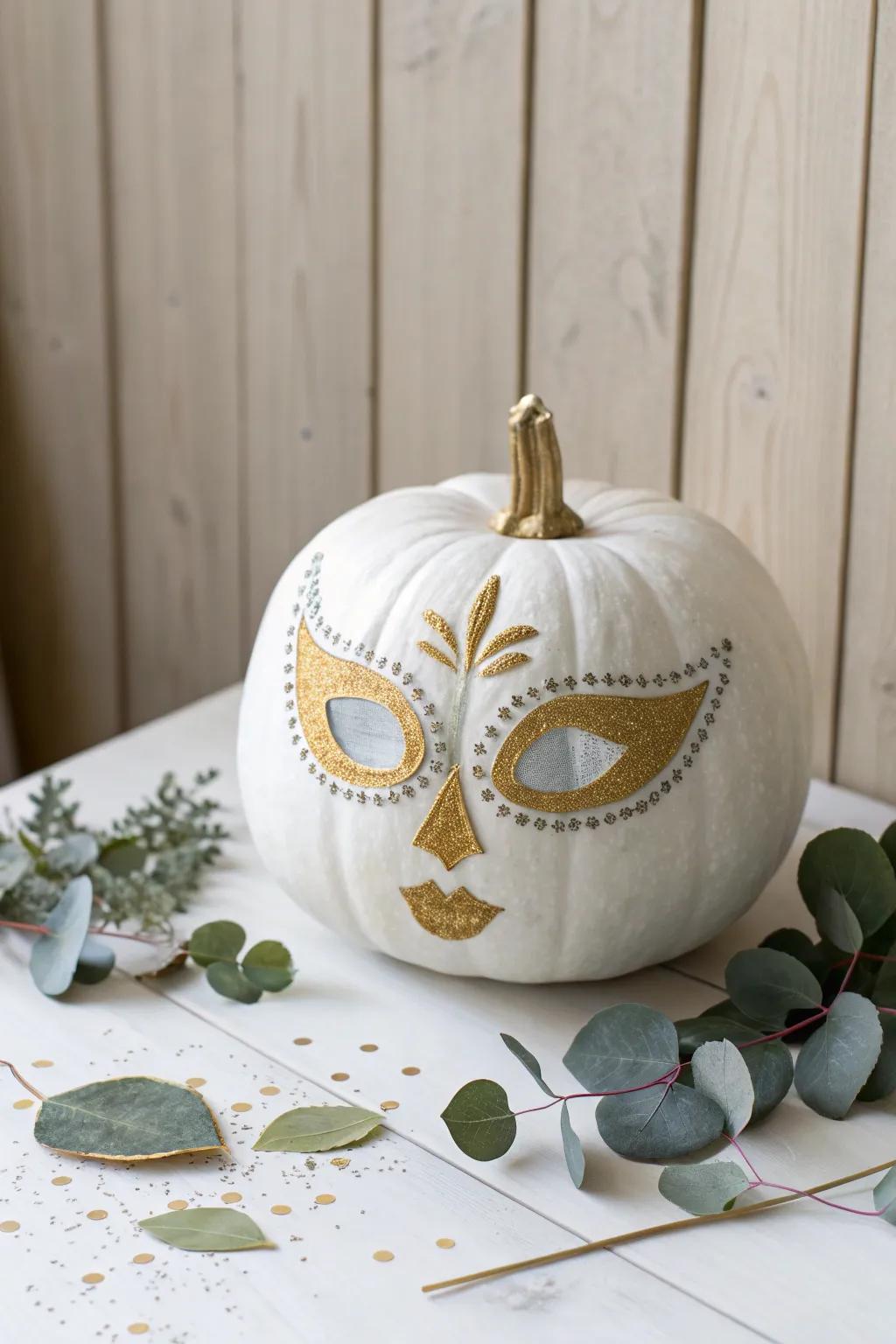Unveil the mystery with these chic masquerade pumpkin eyes, perfect for adding a touch of sparkle to your minimalist decor.