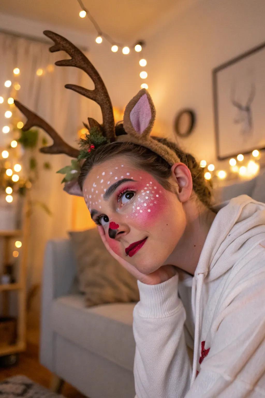 Whimsical features add a fantasy flair to reindeer face paint.