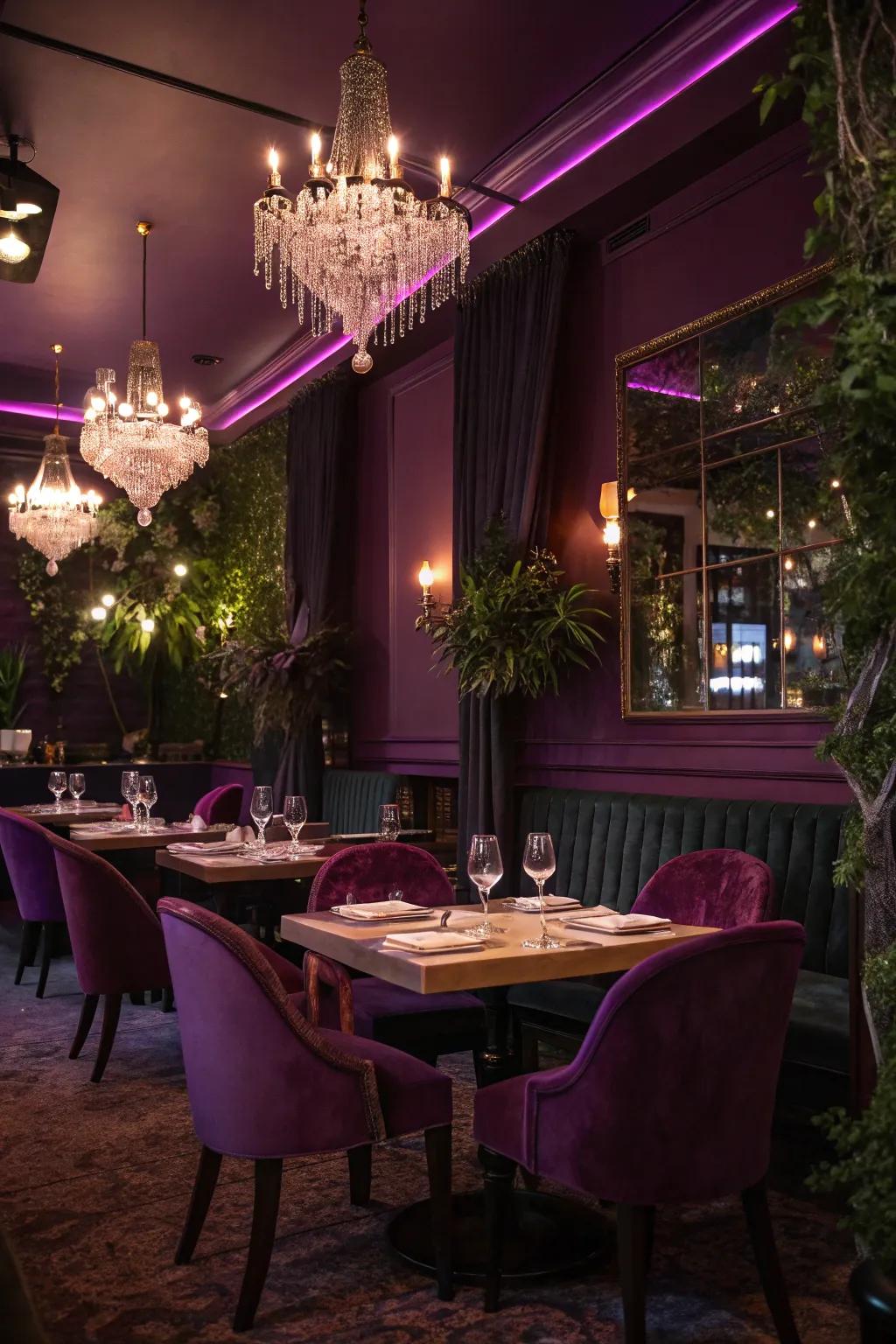 A romantic restaurant with luxurious purple shades.