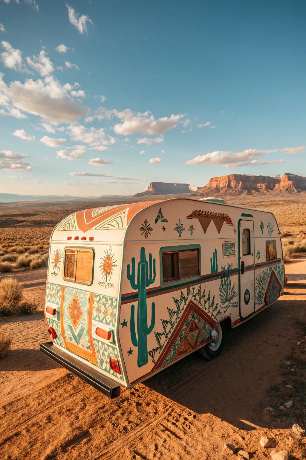 Ride into the sunset with this Southwestern-inspired camper, a perfect blend of retro charm and desert vibes.