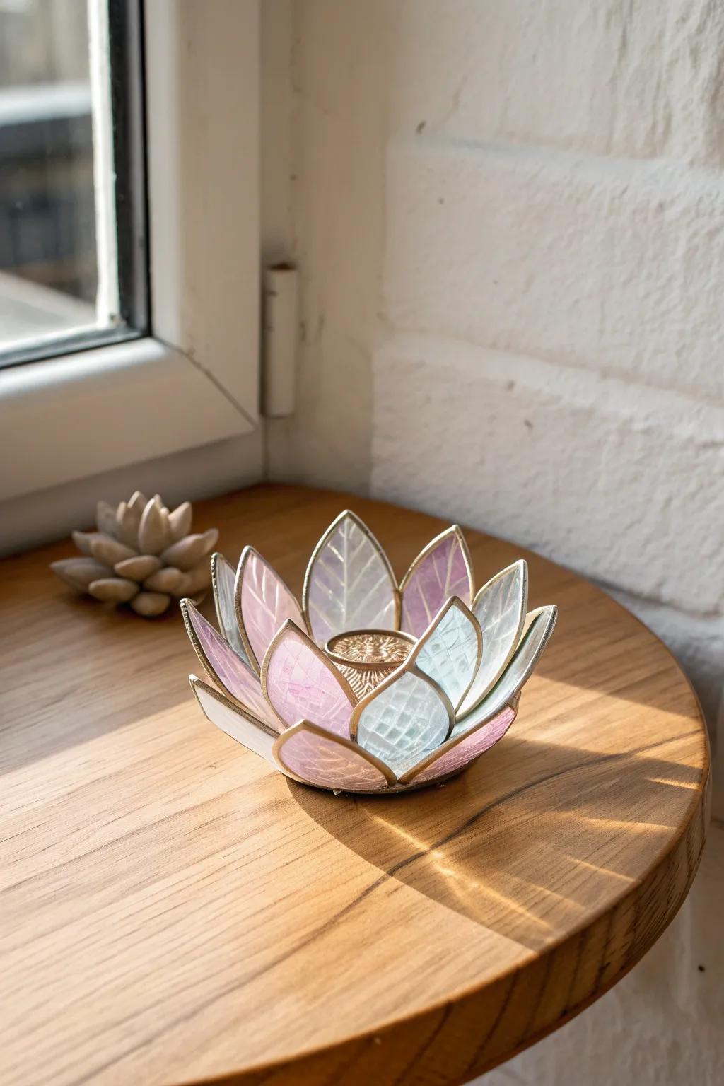 Elevate your space with the elegance of a succulent-shaped stained glass ring holder.