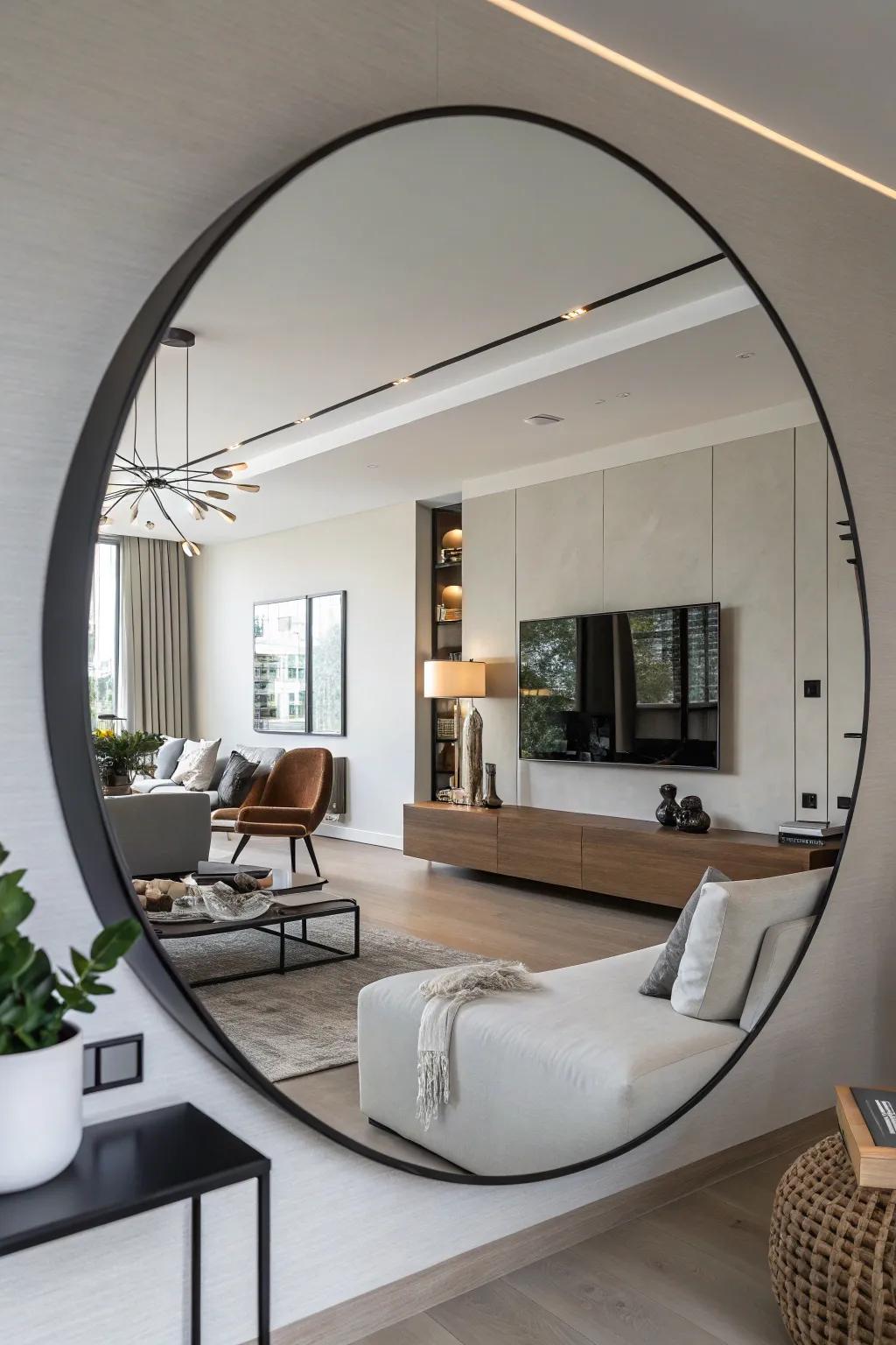 Frameless round mirror providing a seamless and modern look.