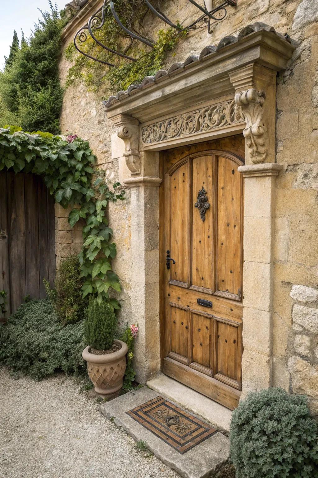 Dentil shelves add architectural interest to rustic doors.
