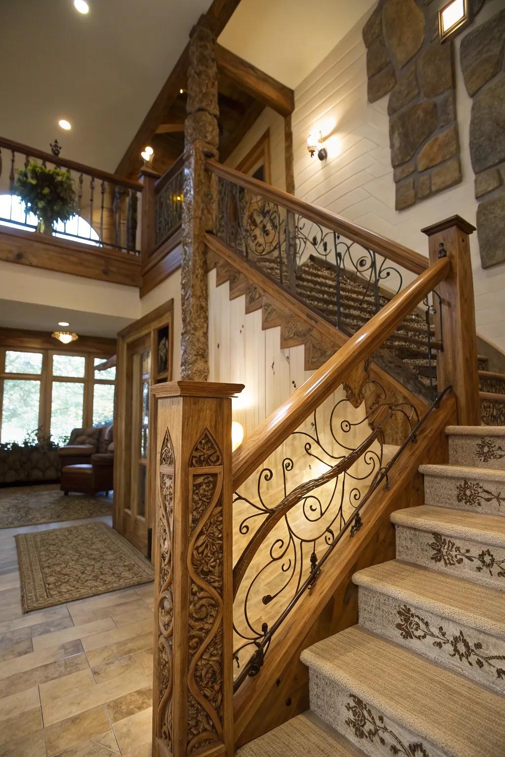Customized carvings adding a personal touch to rustic wooden railings.