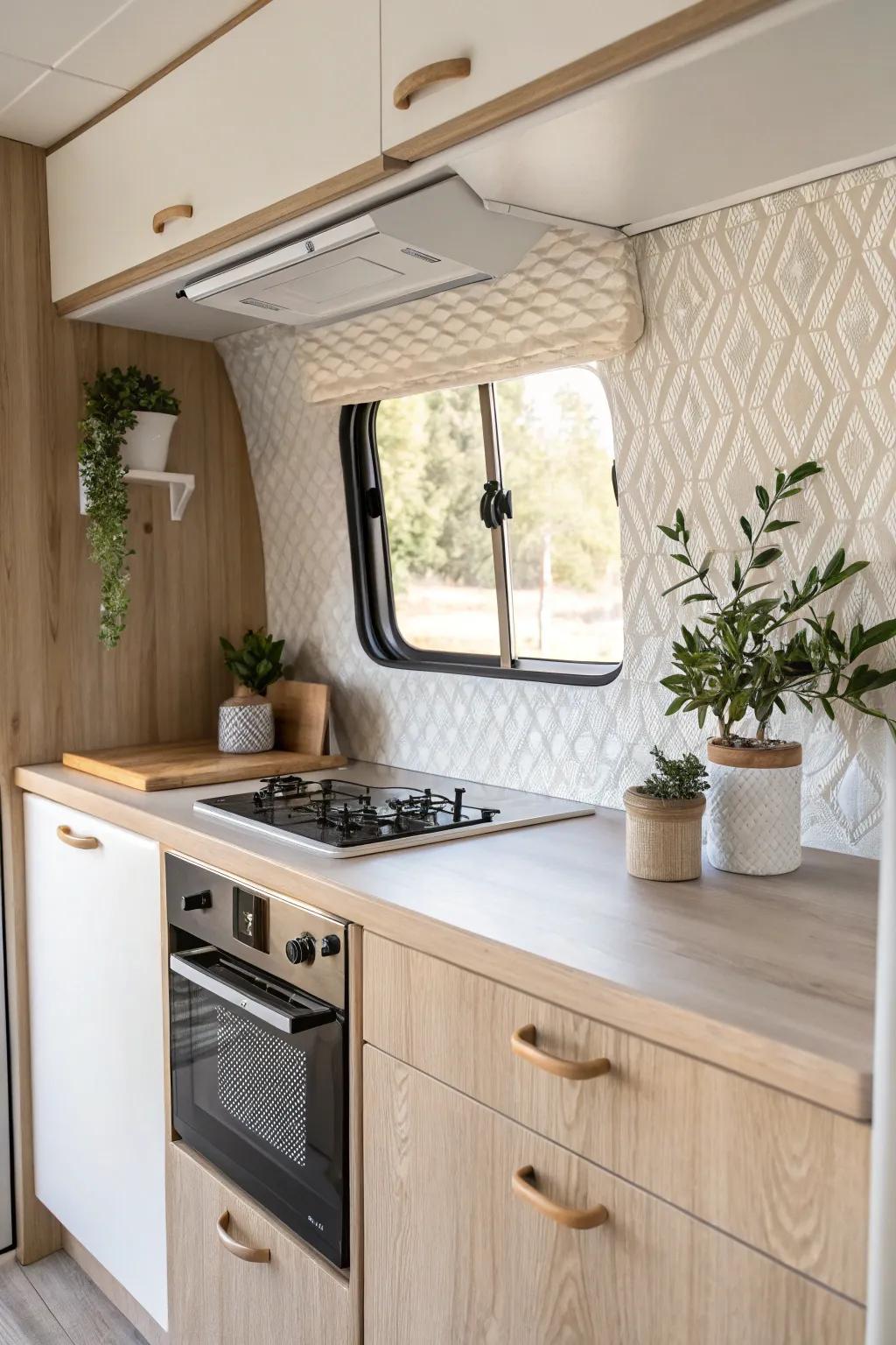 Elevate your RV kitchen with textured laminates for a chic, minimalist touch.
