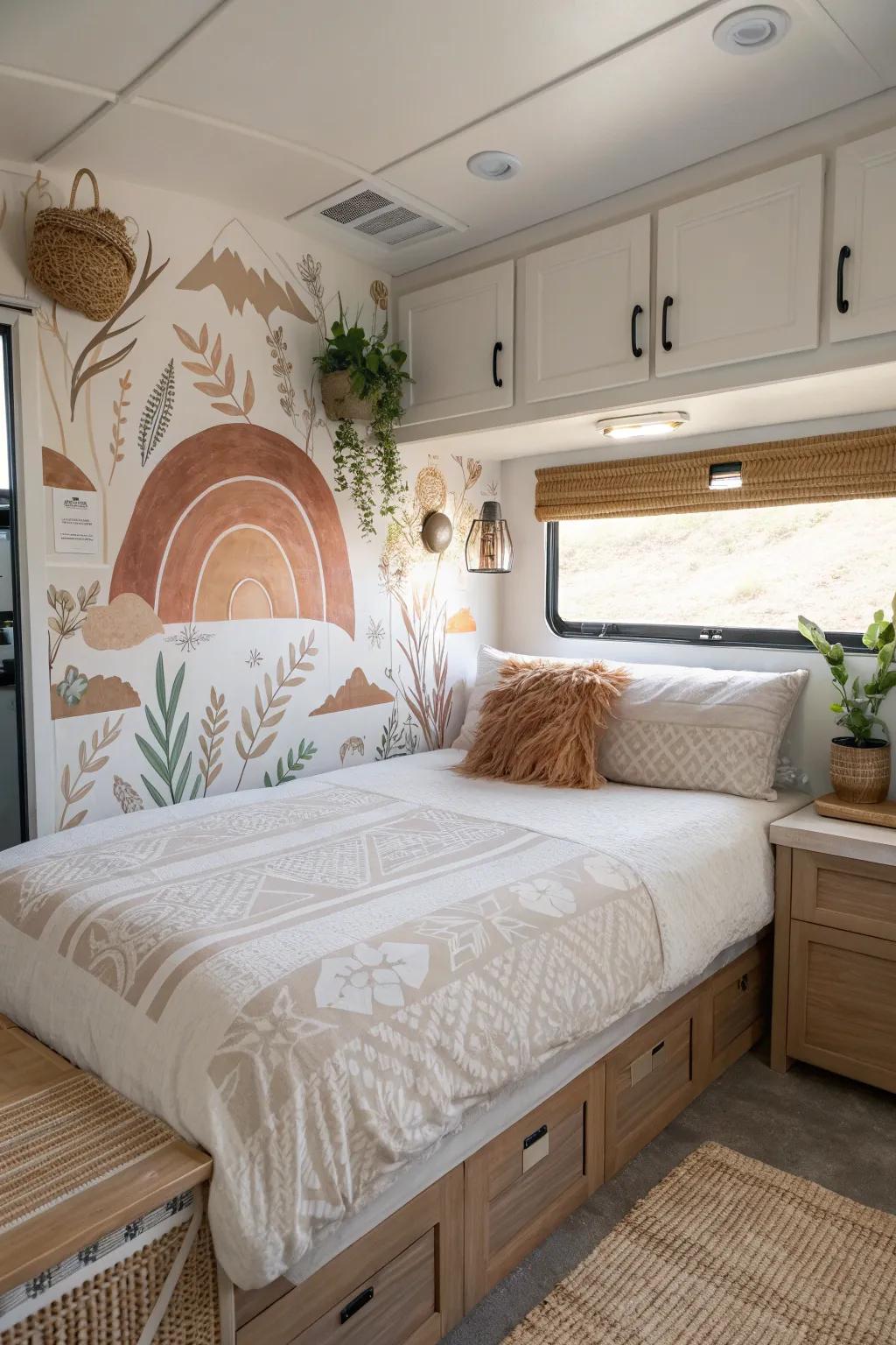 Transform your RV bedroom with a captivating statement mural that showcases your unique style and adds a touch of artistic elegance.
