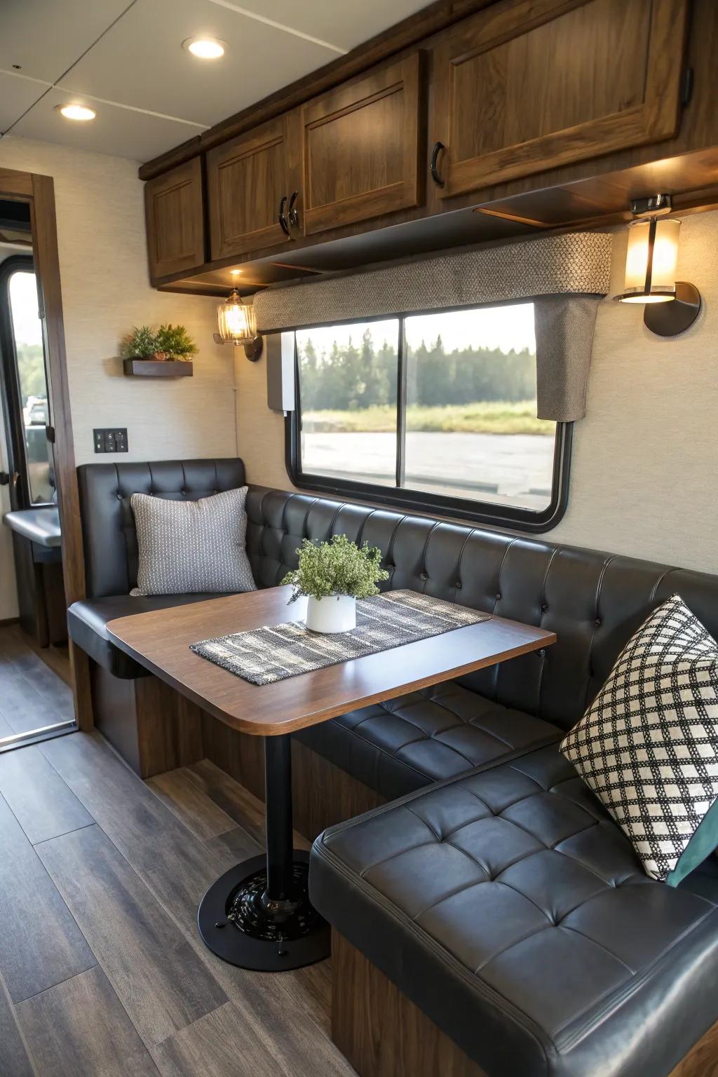 Elevate your RV dining with chic banquette seating—where style meets comfort.
