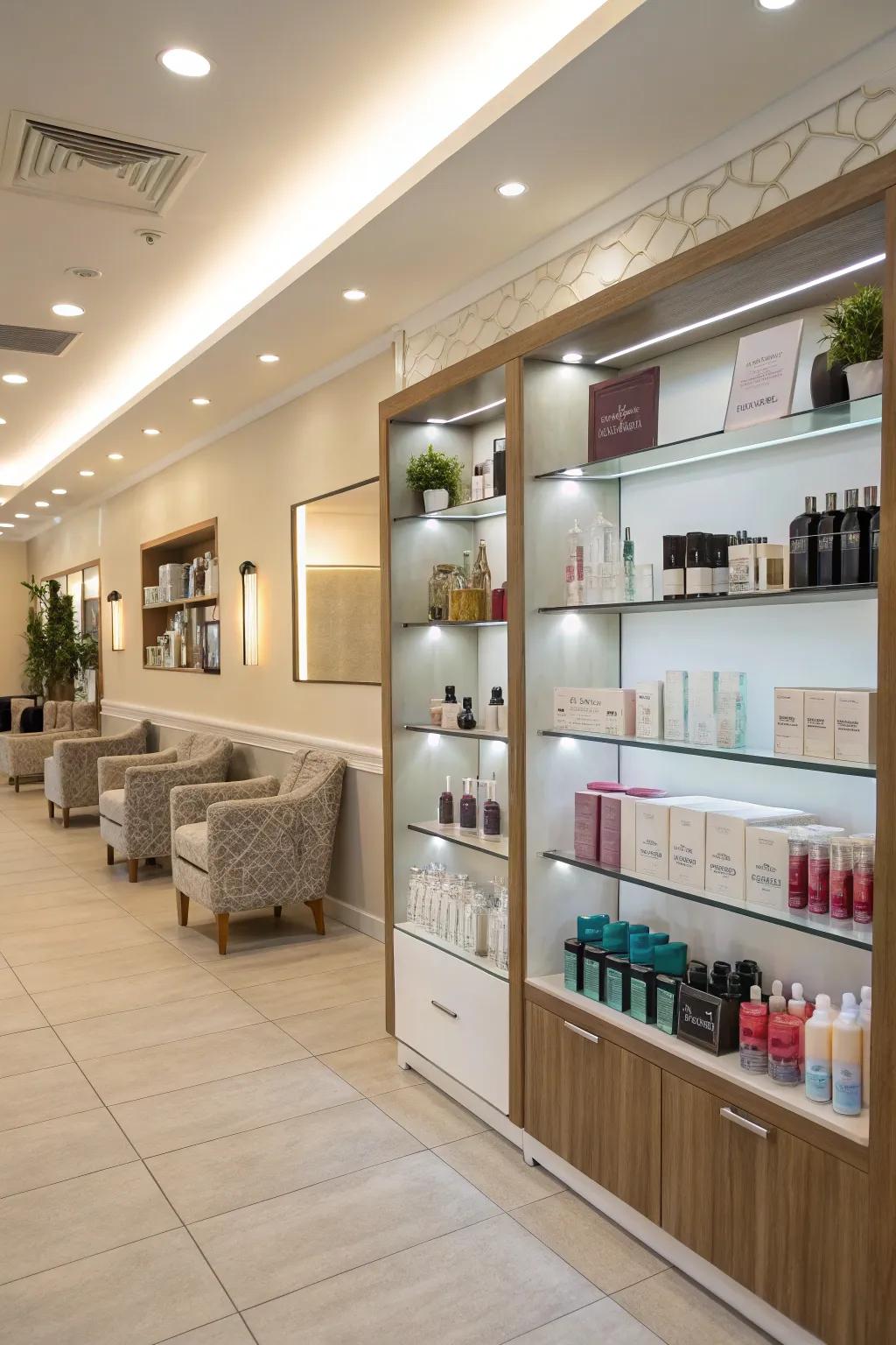 A salon reception area with an organized and attractive product display.