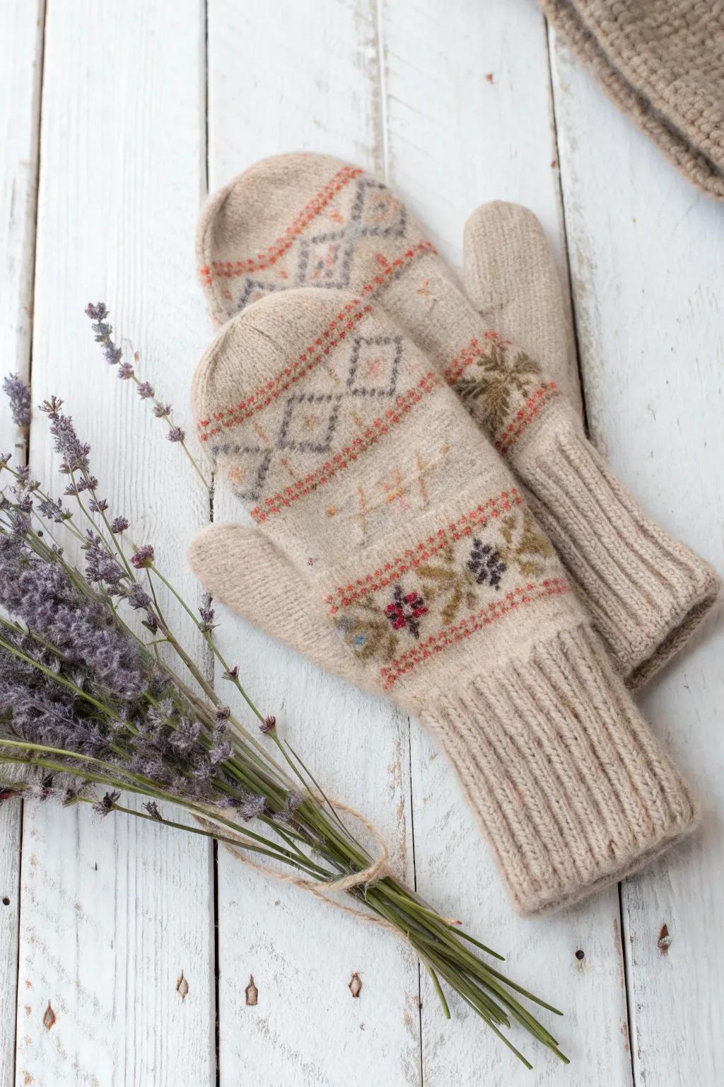 Cozy upcycled sweater mittens: a blend of warmth and sustainable craftsmanship.