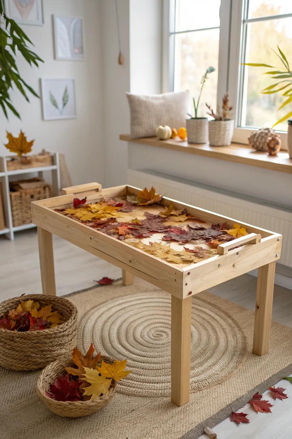 Embrace the season's charm with a sensory table that evolves with nature's beauty.