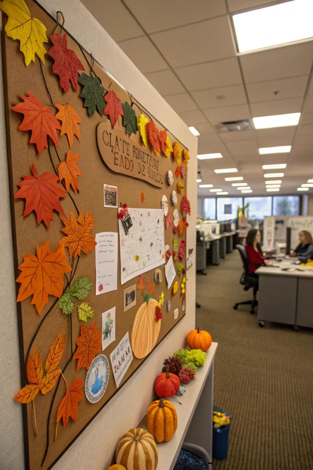 A seasonal craft display with handmade autumn decorations from the team.
