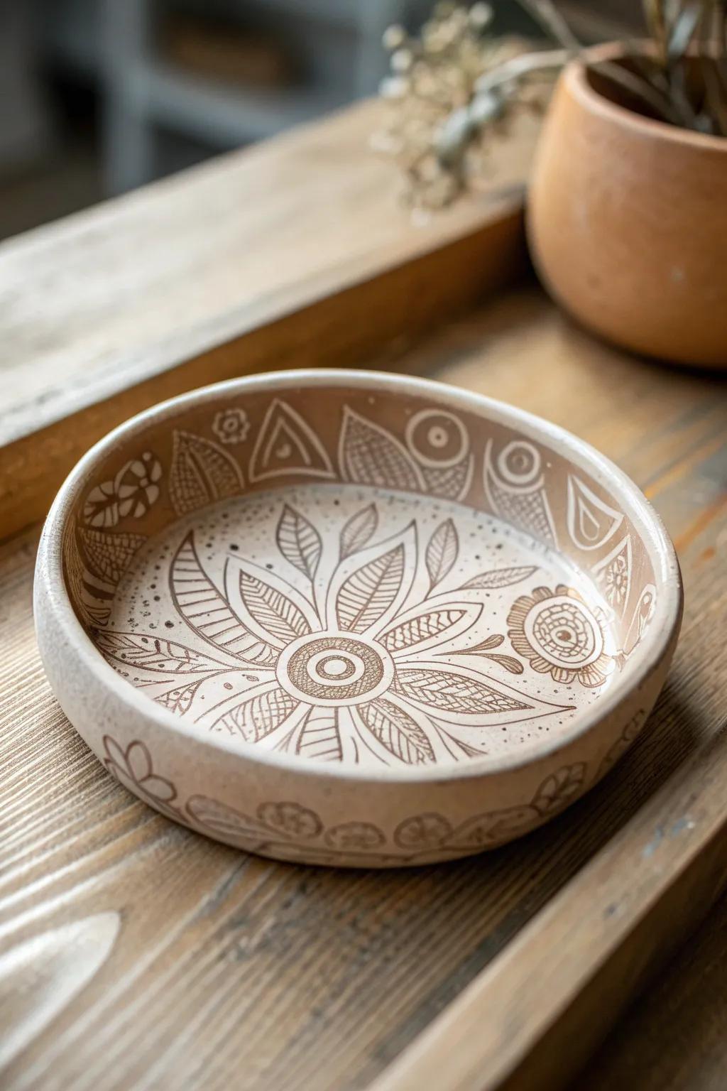 Elevate your accessory organization with this exquisite sgraffito jewelry dish, where minimalism meets bohemian elegance.
