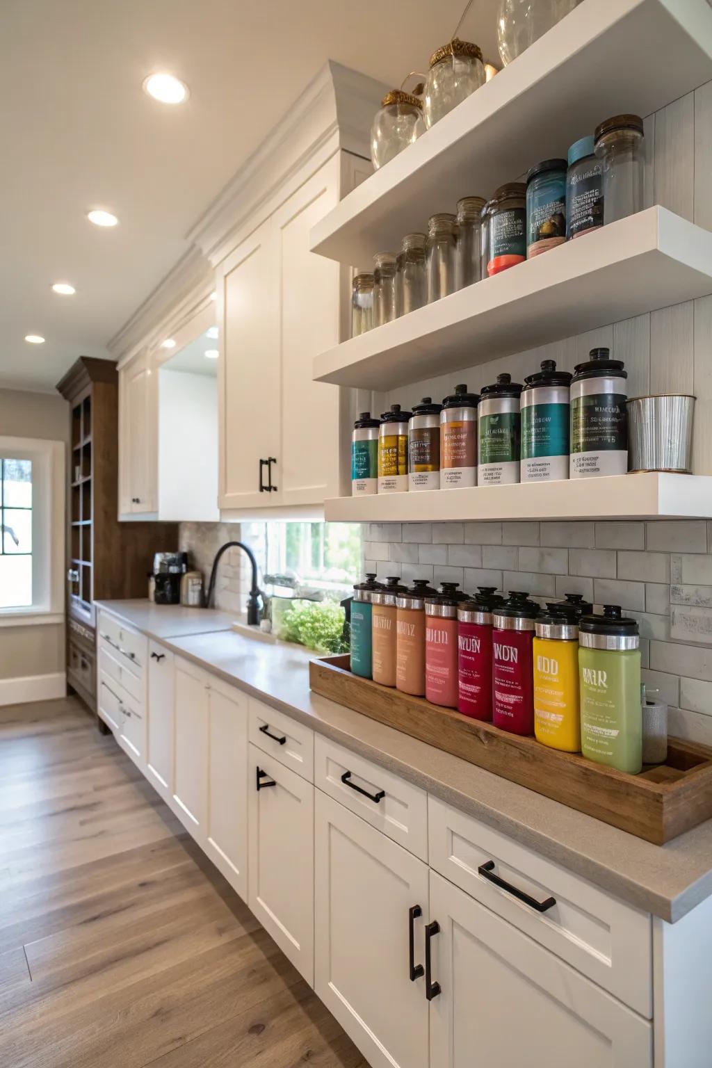 Floating shelves offer a minimalist display for shaker bottles.