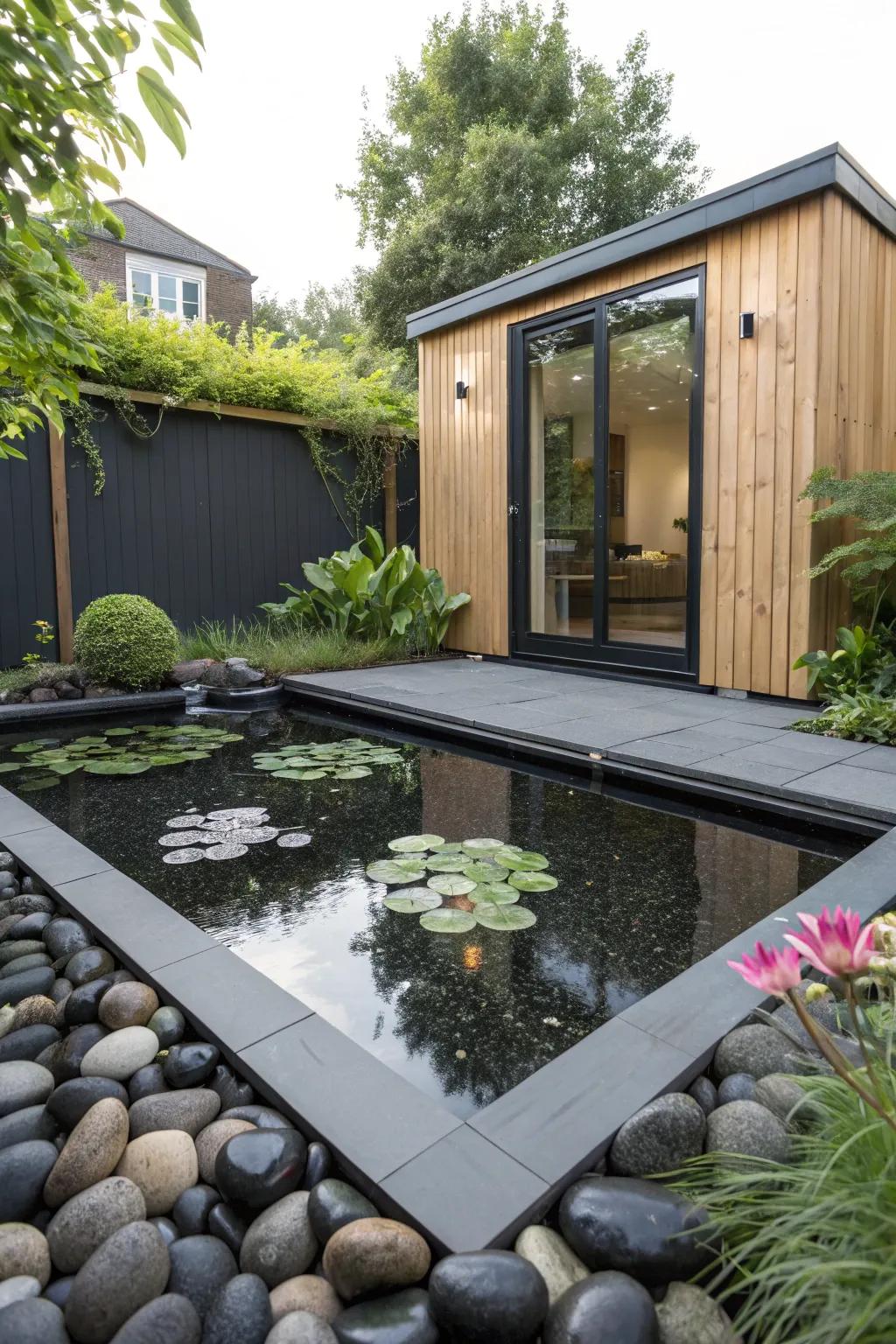 Elevate your shed with a serene water feature—a perfect blend of style and tranquility.