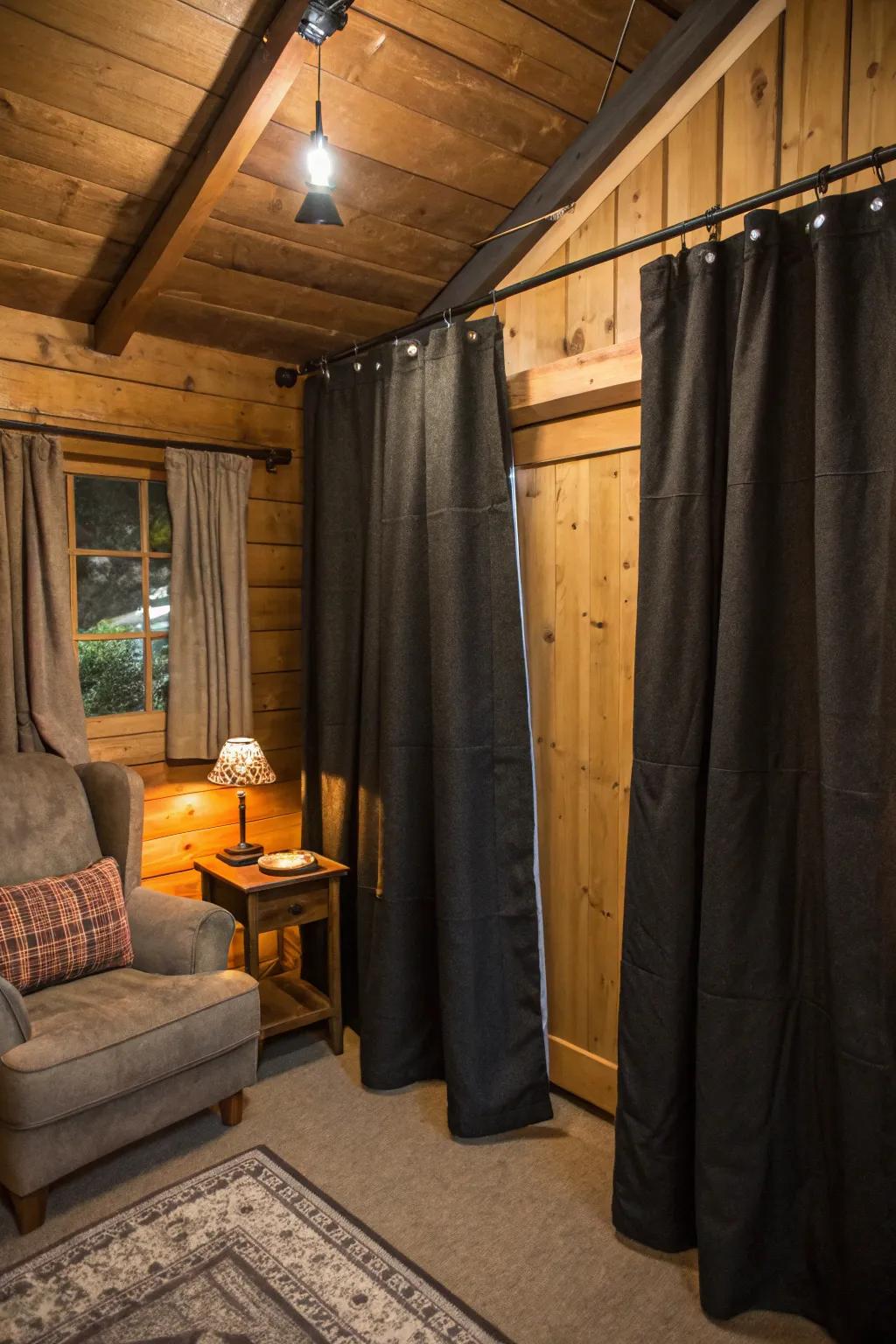 Transform your shed into a cozy retreat with simple, stylish curtains for privacy and comfort.