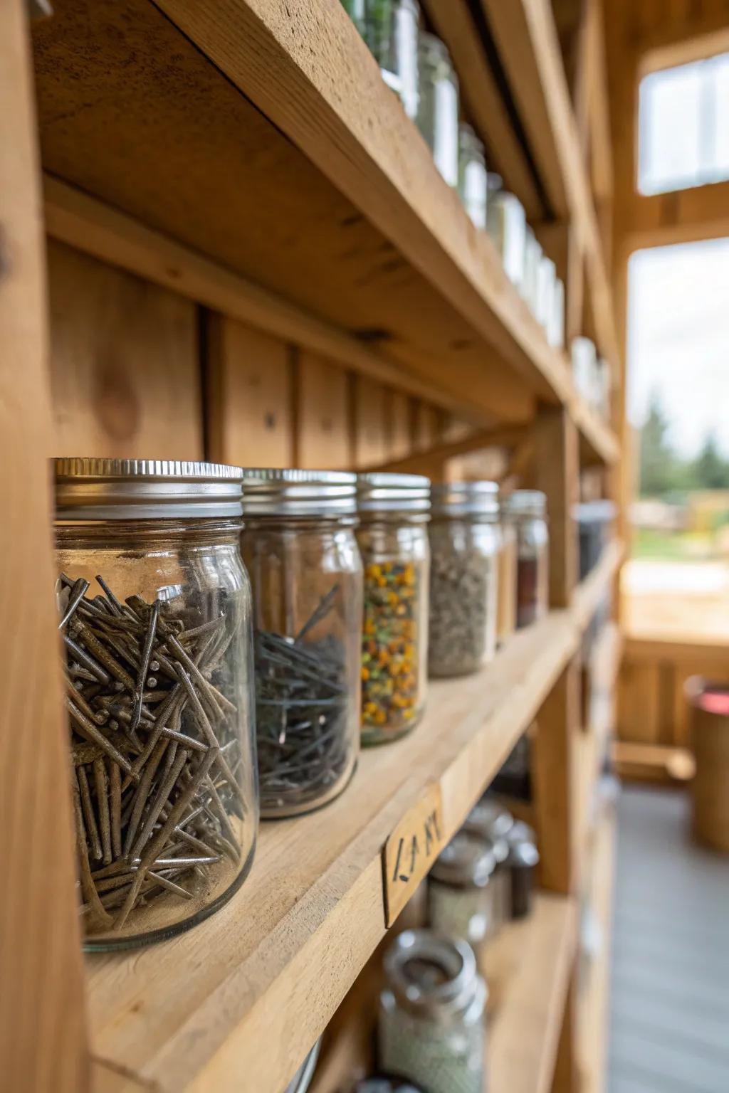 Maximize your shed organization with stylish hanging jar storage. Keep your essentials within easy reach!