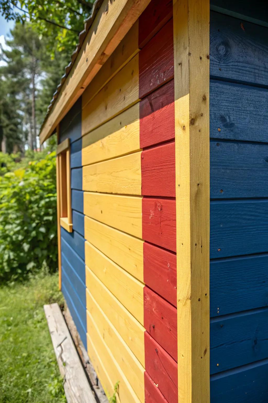 Transform your shed into a vibrant masterpiece with bold, painted plywood skirting.