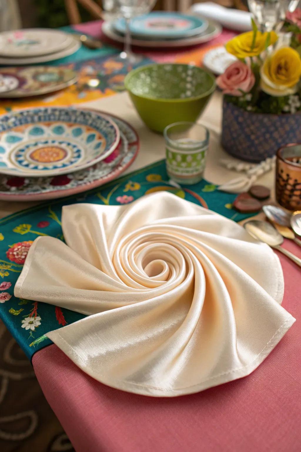 A silk napkin folded into a captivating spiral swirl, adding a playful and dynamic element to your table.