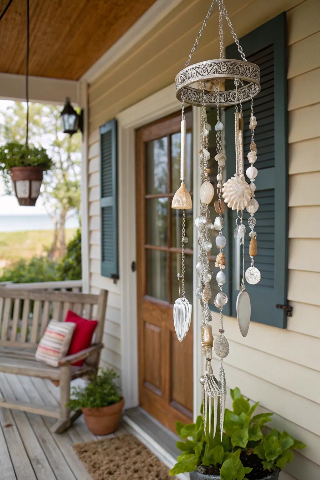 Seashells and silverware bring a coastal breeze to this chime.