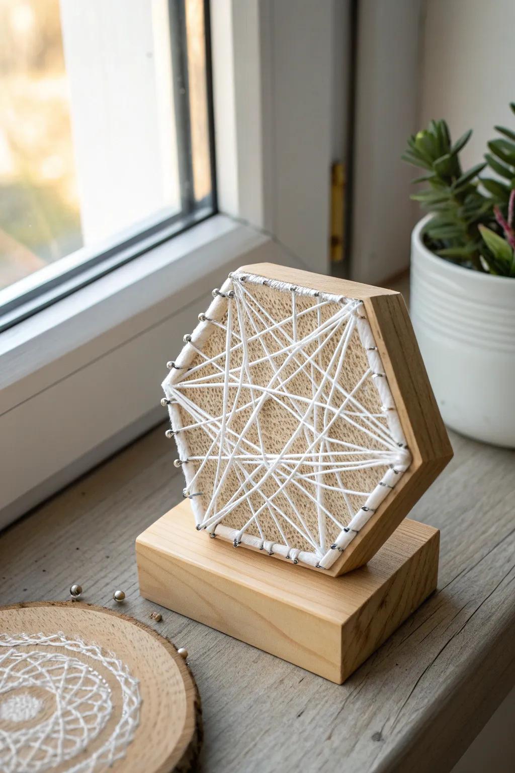 Discover the beauty in simplicity with this stunning wood and string art piece, perfect for a serene and stylish home.