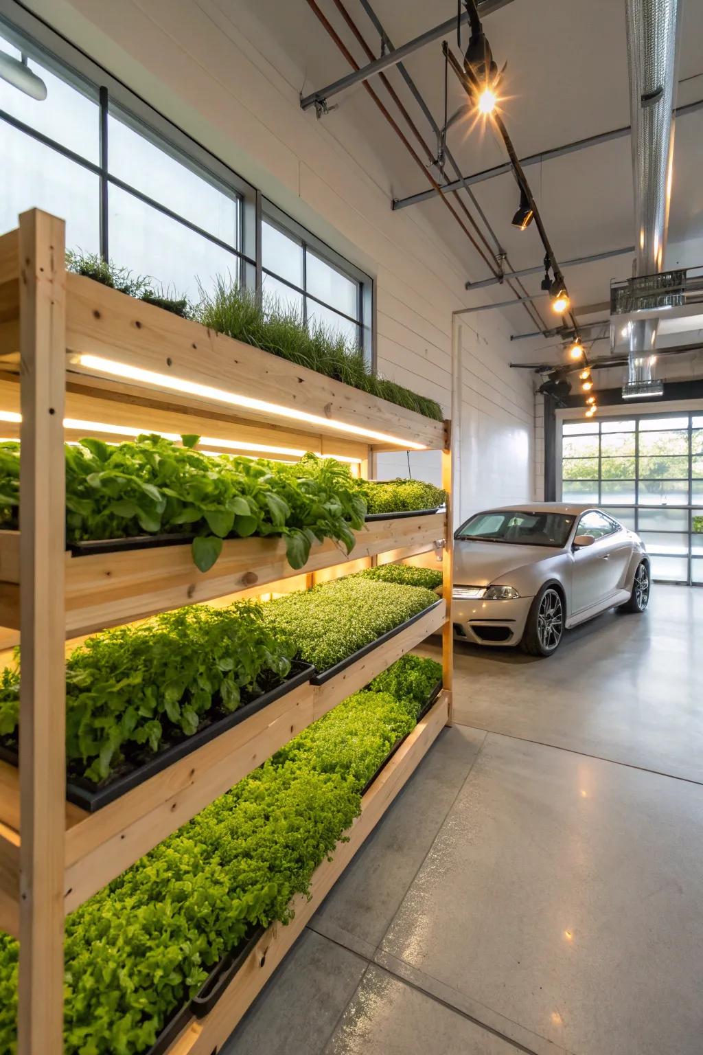 Transform your garage into a lush, green oasis with a compact greenhouse setup.