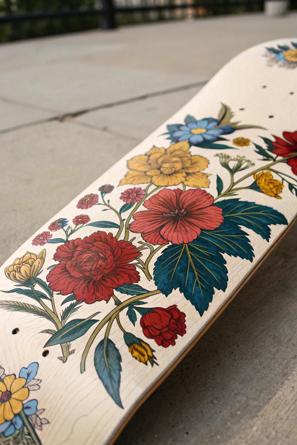 Transform your ride with a floral masterpiece. #SkateboardArt