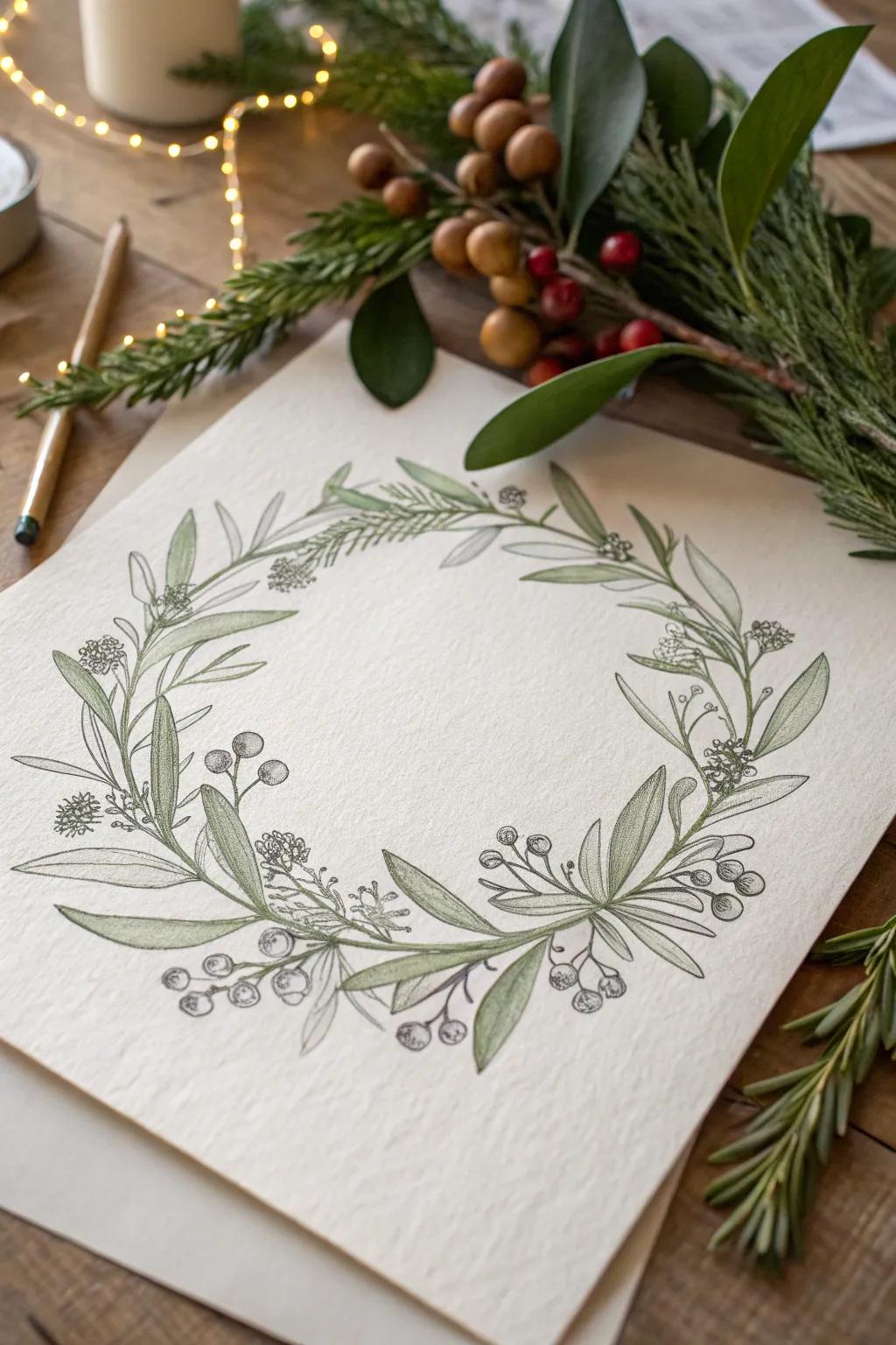 Embrace the holiday spirit with a minimalist sketch of a lush Christmas wreath, where simplicity meets natural elegance.