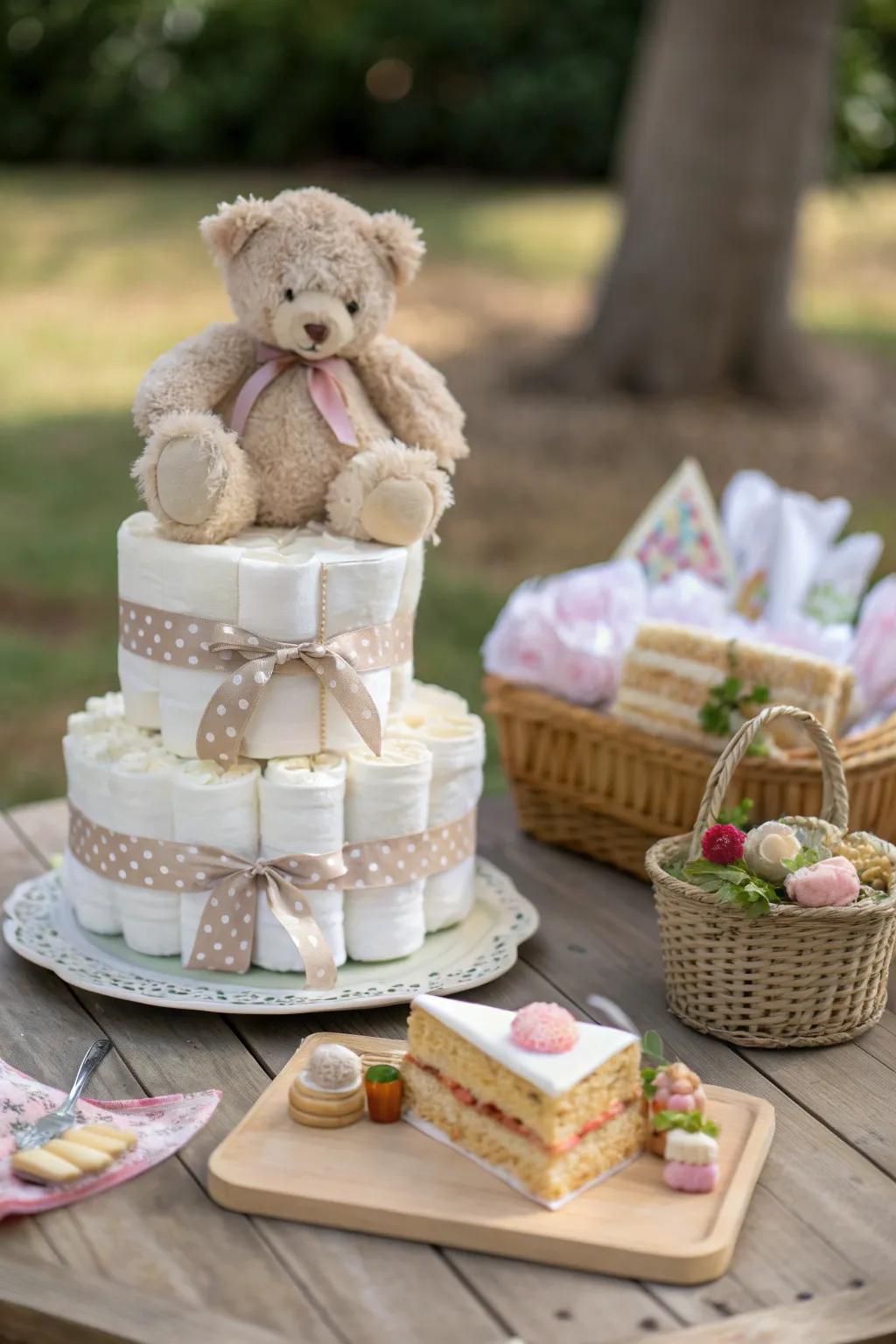 A touch of whimsy for your baby shower: the perfect Teddy Bear Picnic diaper cake.